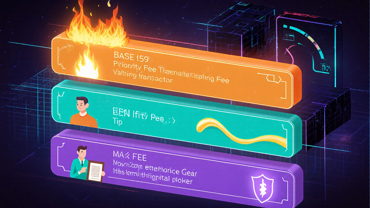 Illustration of a transaction split into base fee, priority tip, and max fee with visual symbols.