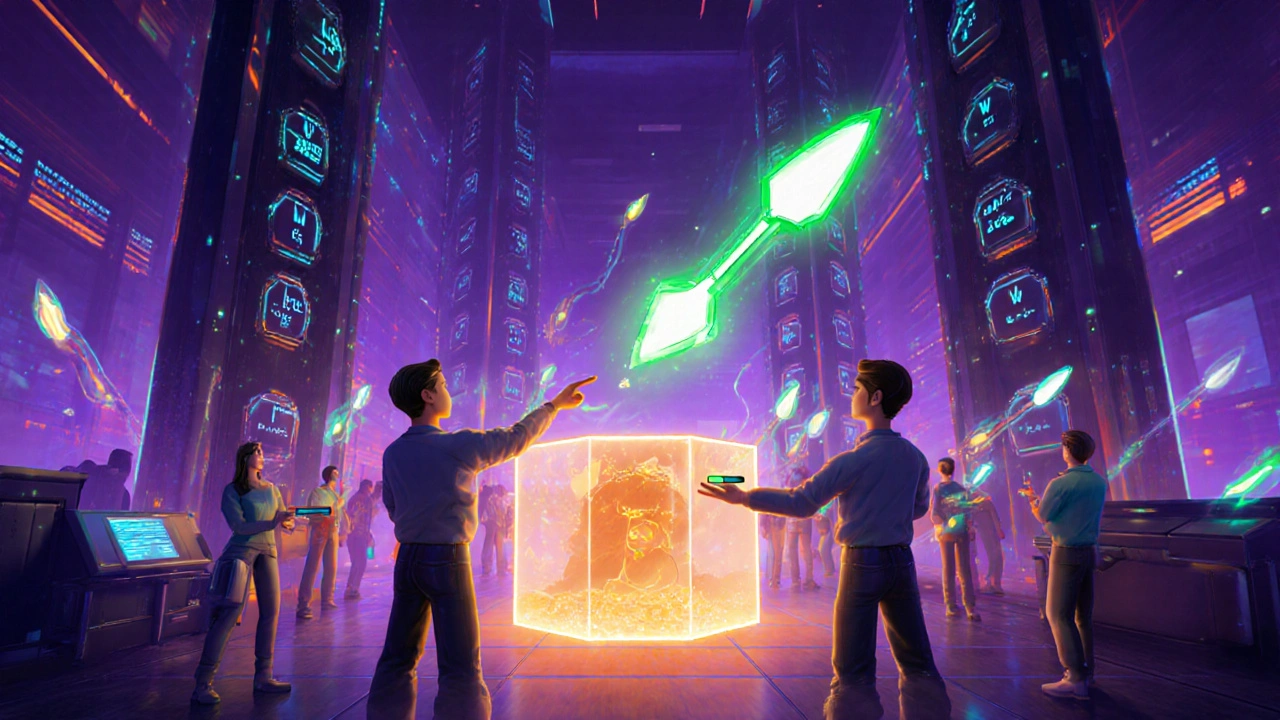 Neon DeFi exchange with avatars adjusting tip sliders as a bright comet enters a block.