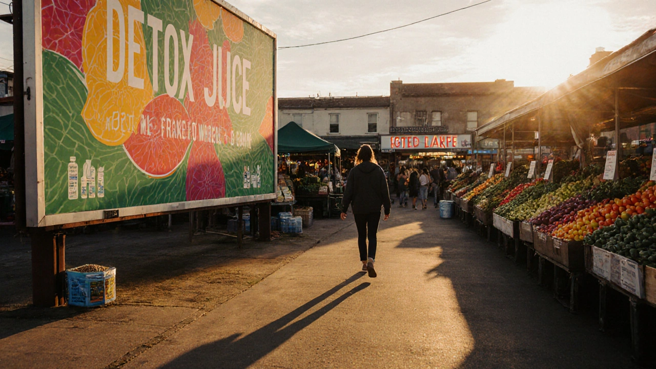 A person walking from a detox juice billboard toward a vibrant farmers market under golden hour light.
