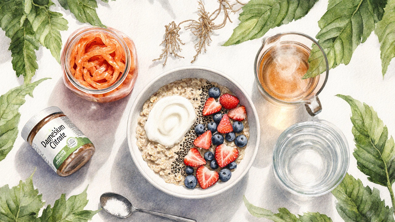 Breakfast spread with oatmeal, berries, kefir, kimchi, tea, and magnesium supplement.