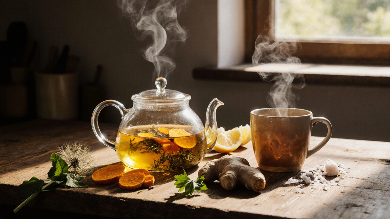 Close‑up of herbal detox ingredients and steaming tea on a kitchen counter.
