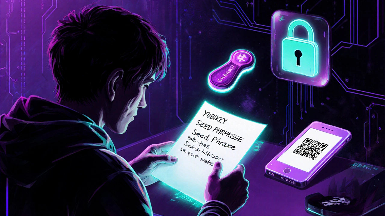 Cyberpunk scene of a person securing a seed phrase with 2FA devices.