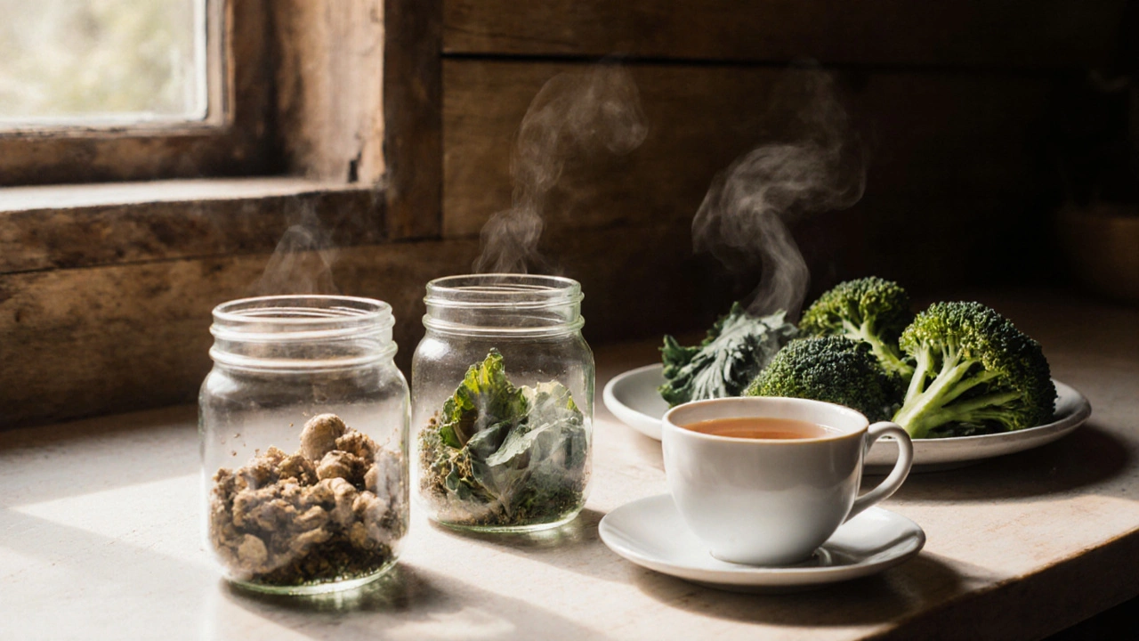 Dried herbs and cruciferous vegetables on a kitchen counter with steaming herbal tea.