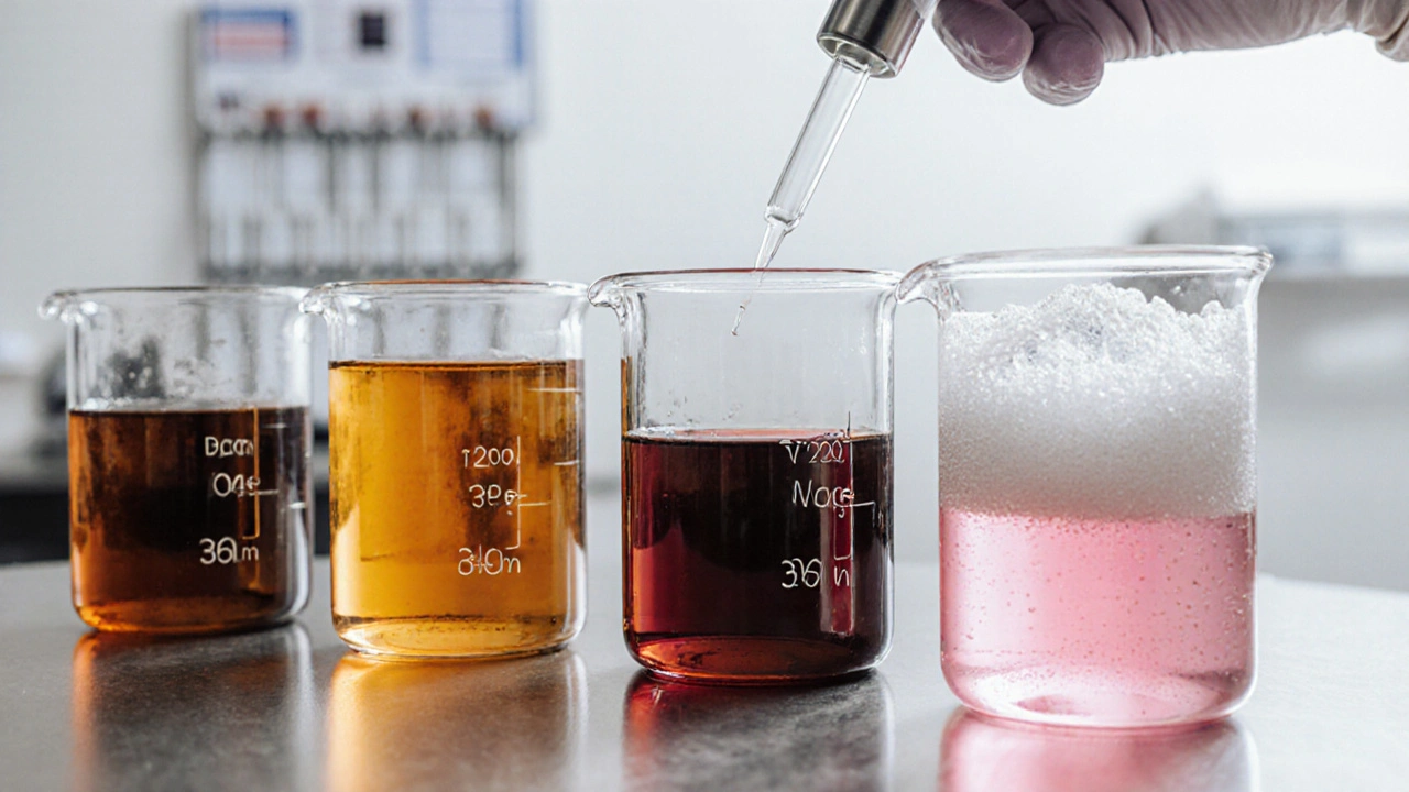 Five glass beakers displaying different urine colors linked to kidney failure.
