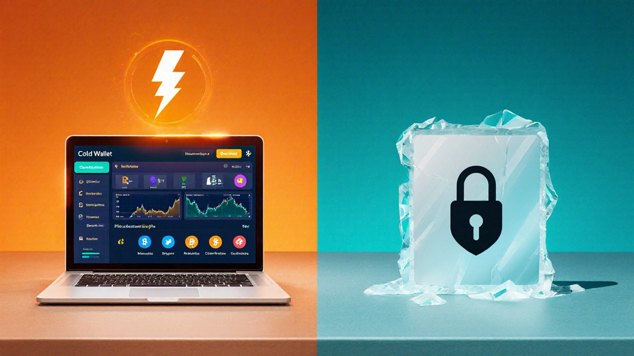 Flat illustration comparing a hot wallet laptop UI with a cold hardware wallet.