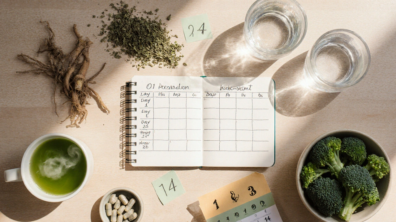 Flat‑lay of a detox schedule notebook with green tea, dandelion root, milk‑thistle capsules, water, and broccoli.