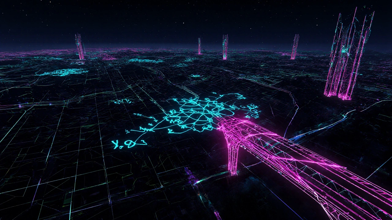 Futuristic sparse Merkle and Verkle trees with cross-chain bridges in neon.