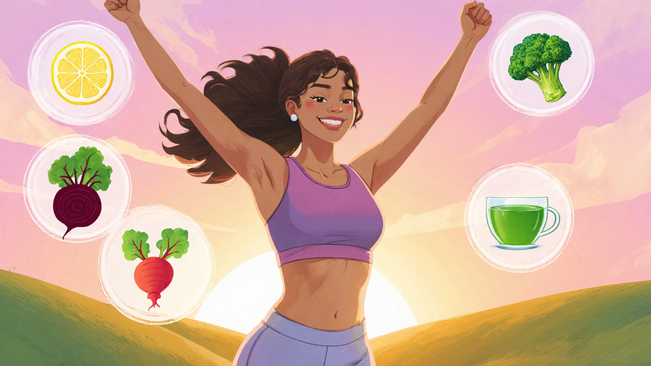 Girl on a sunrise hill, glowing skin, stretching, with floating icons of detox foods.