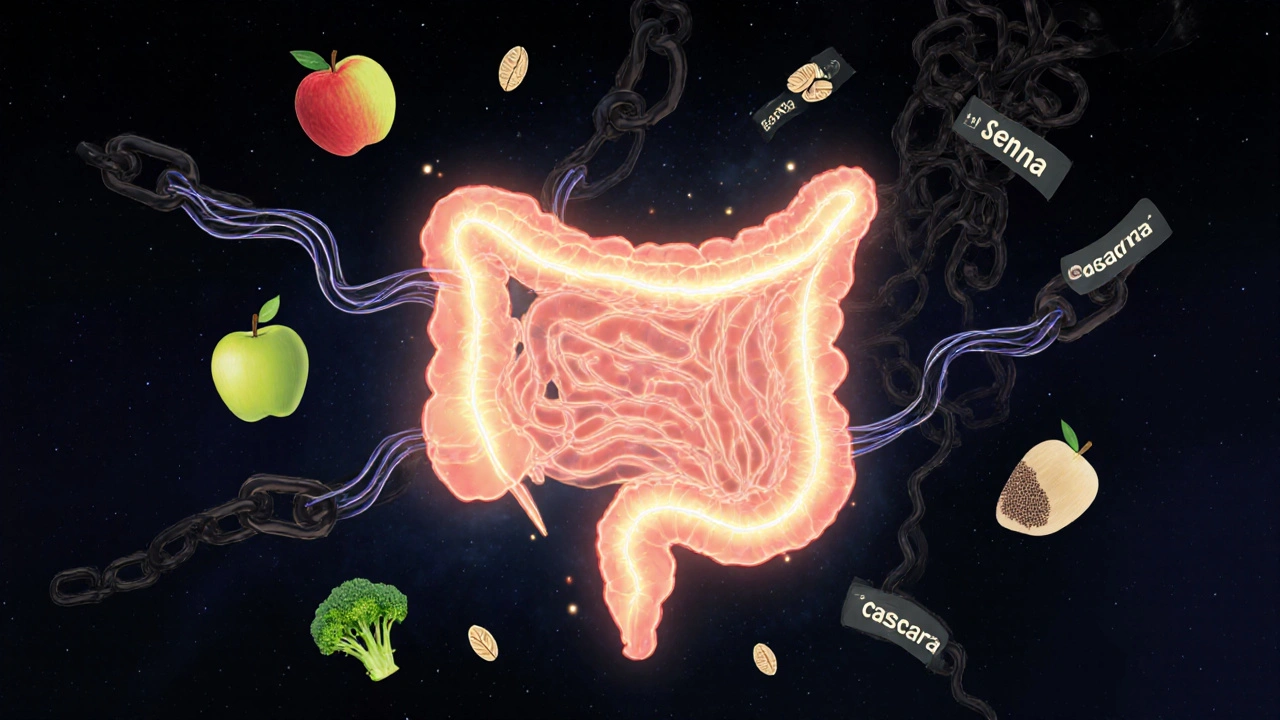 Illuminated colon with healthy foods surrounding it, broken laxative chains in background.