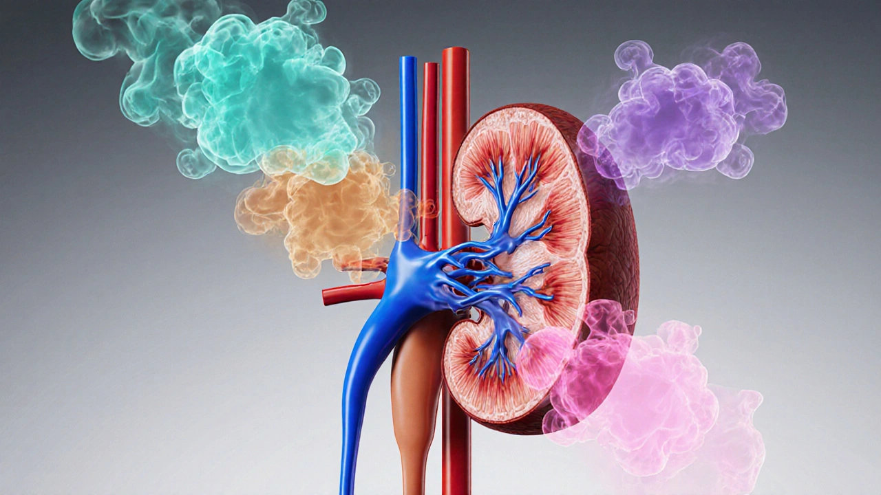 Illustrated kidney showing colored vapor clouds for ammonia, uremia, cresol, and acetone.
