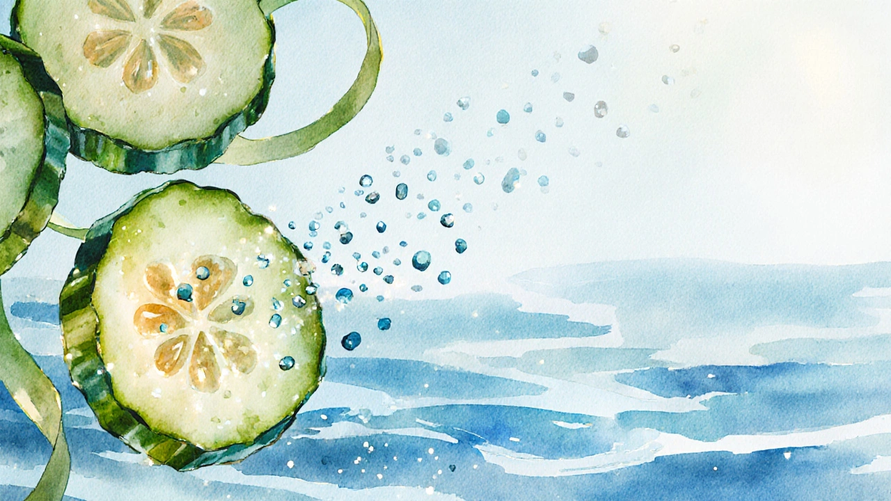 Illustration of nutrients flowing from cucumber slices into water.