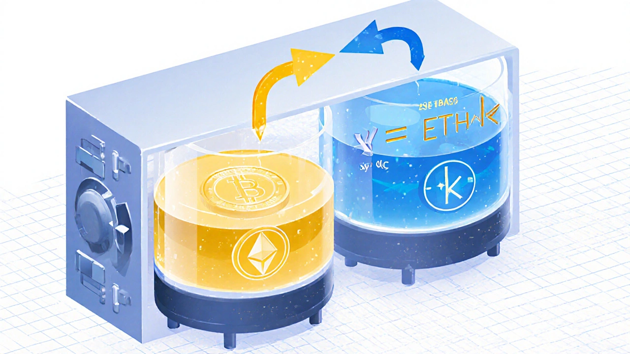 Isometric view of two transparent tanks with tokens flowing between them, illustrating a constant product swap.