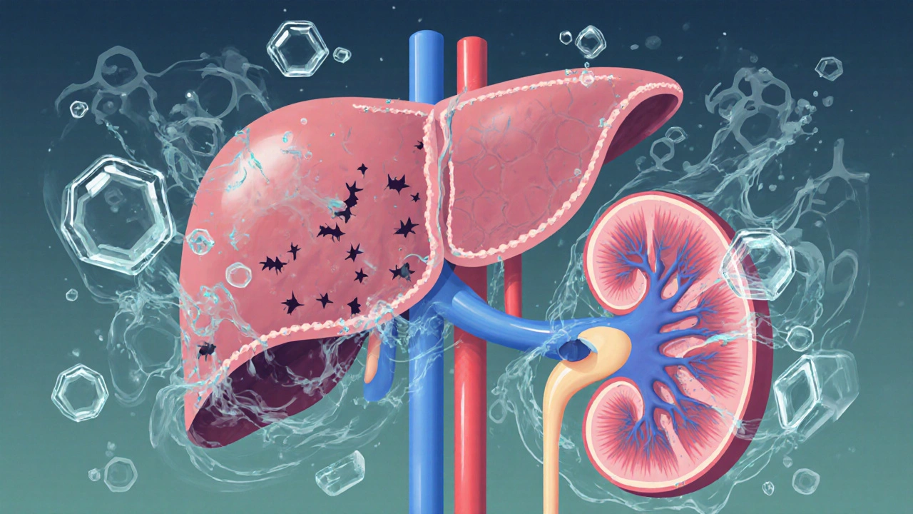 Liver and kidneys being cleansed by pure water molecules while toxins are washed away.