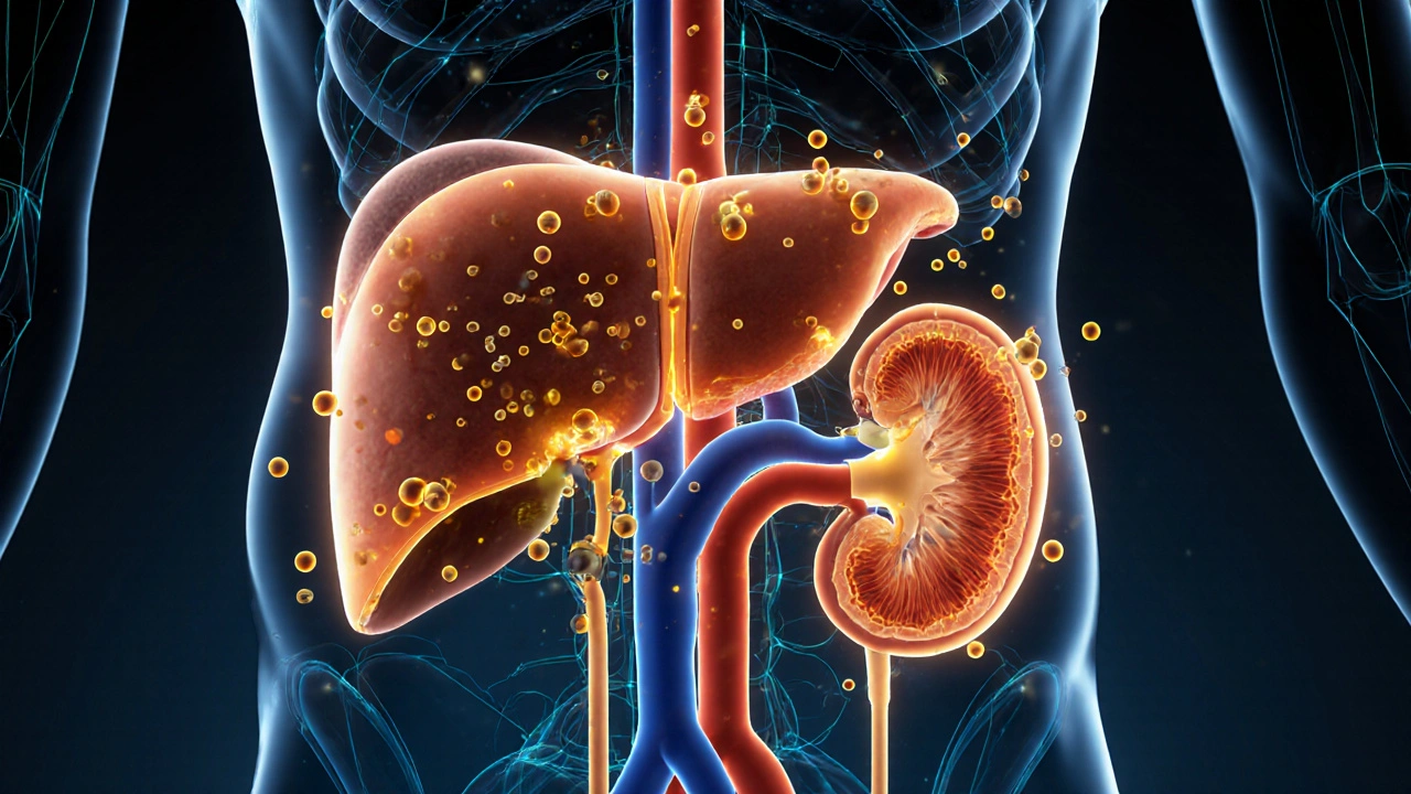Liver and kidneys highlighted with glowing acetic acid molecules and probiotic bacteria illustrating detox support.