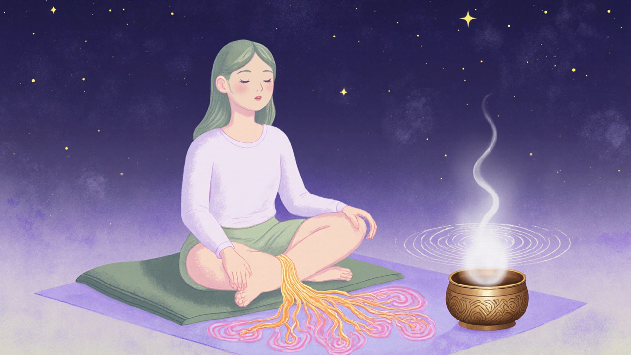 Meditation scene with glowing roots, herbal tea, and singing bowl radiating soothing light.