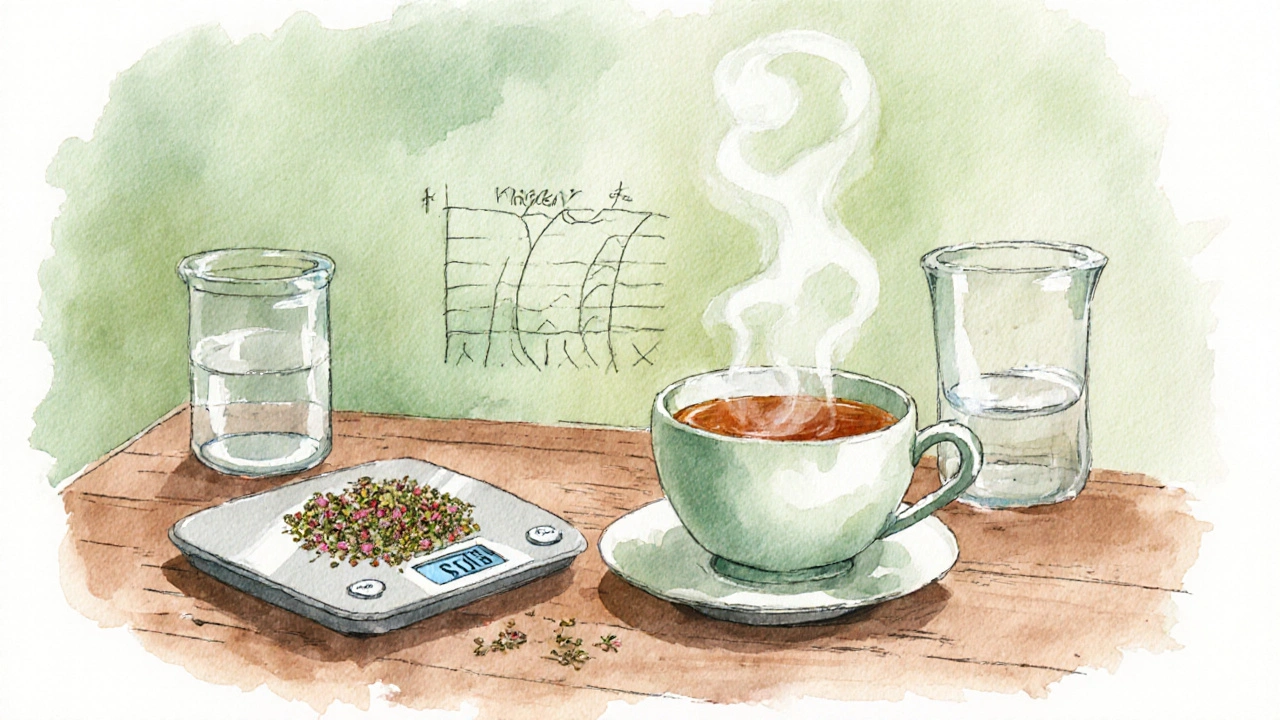 Morning kitchen with red clover tea, scale, water, and subtle lab symbols.