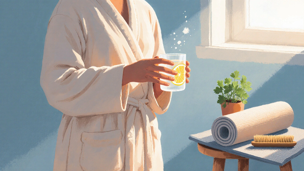 Pastel illustration of a morning detox routine with lemon water and yoga.