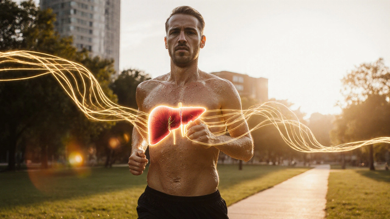 Person jogging at sunrise with golden energy waves symbolizing toxin release.