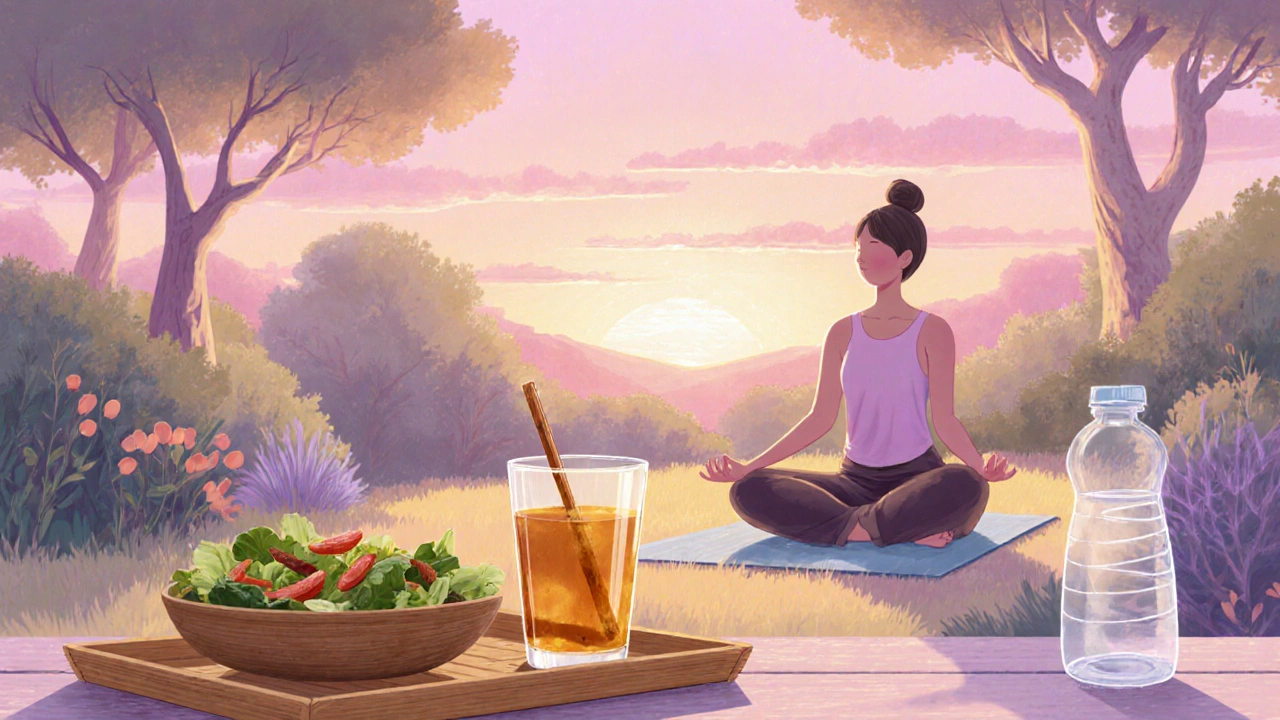 Person practicing yoga outdoors with a glass of diluted ACV and fresh salad, representing a balanced detox routine.