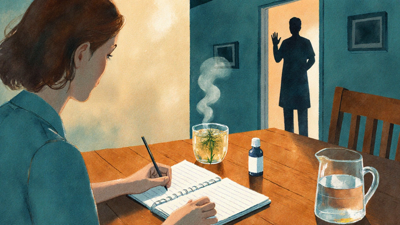 Person reviewing a urine diary with tea and water, doctor offering help nearby.