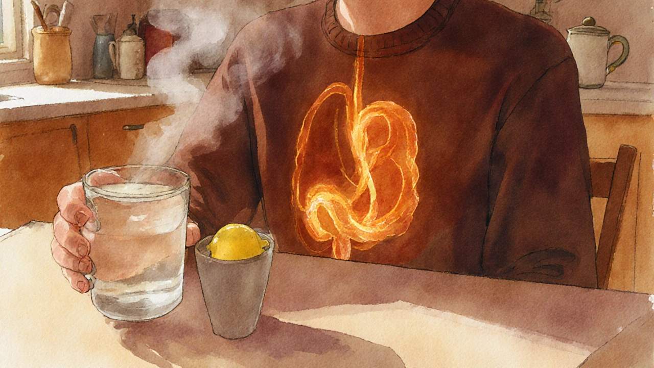 Person sipping warm lemon water, with a glowing illustration of digestion inside.
