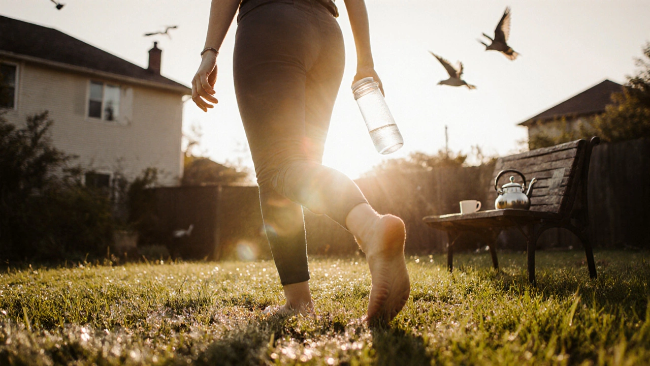 Person walking barefoot in dawn sunlight, stretching with water bottle in hand.