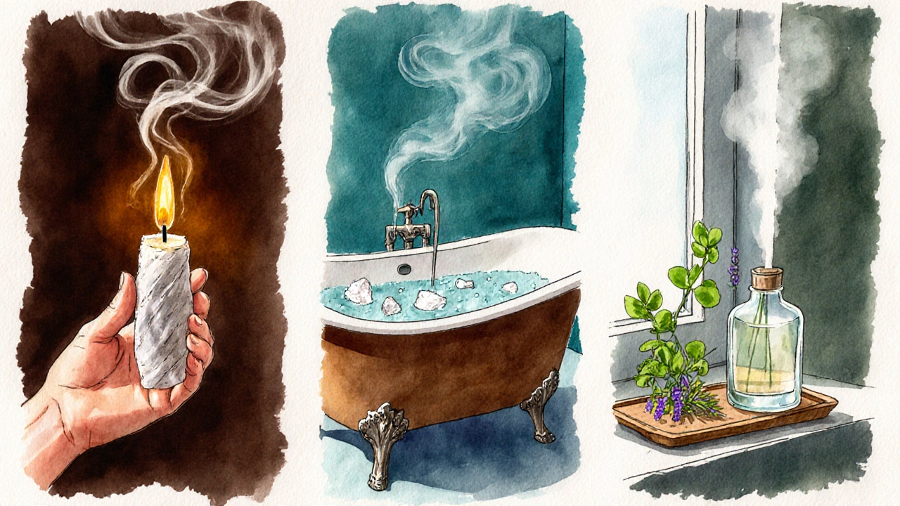Sage smudging, salt bath, and eucalyptus diffuser creating a calming ritual space.