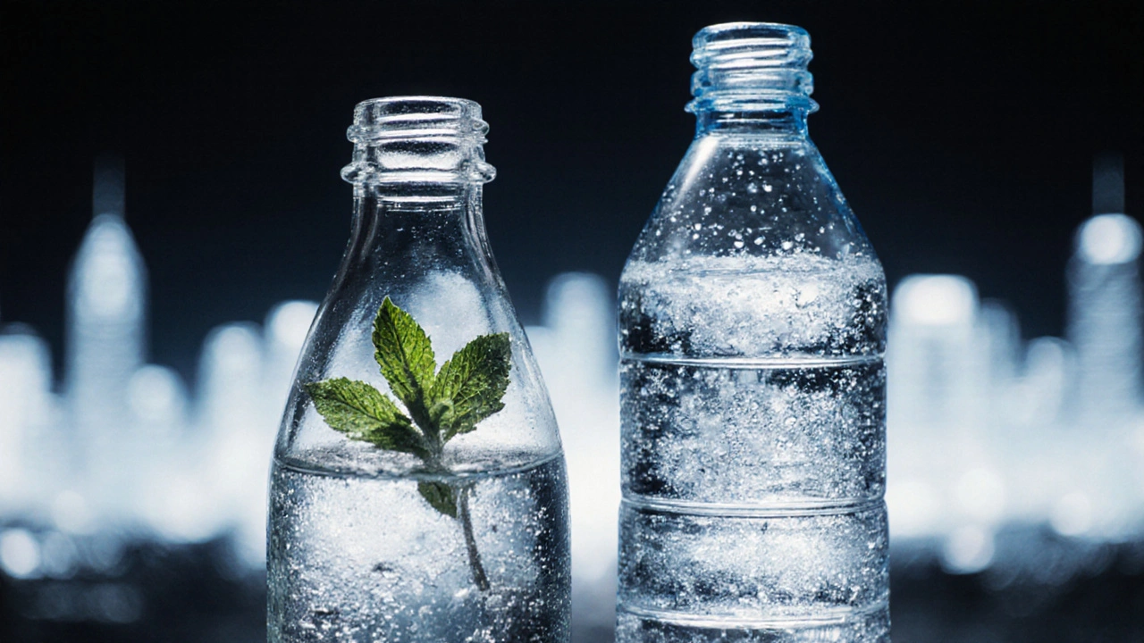Side-by-side comparison of filtered water versus bottled water with visible microplastics.