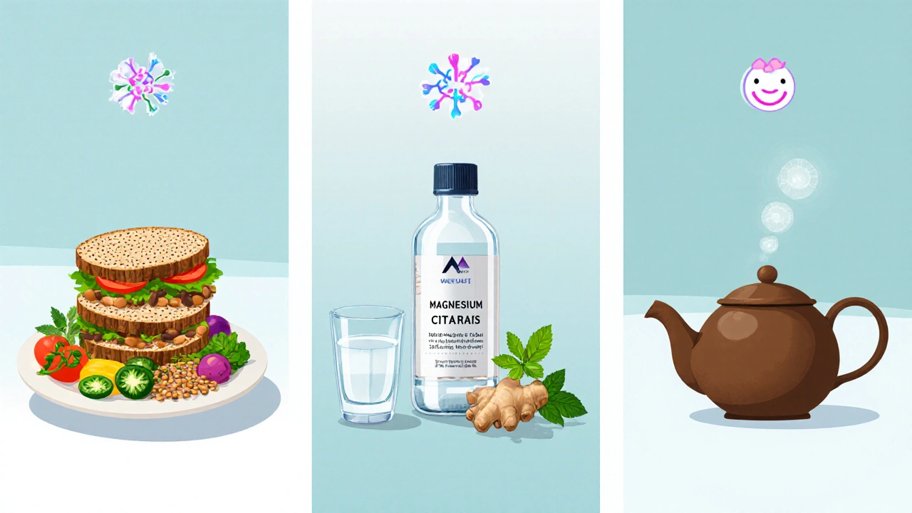 Three panels depicting high‑fiber foods, magnesium citrate, and herbal tea for gut flush.