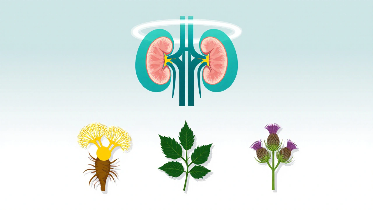 Vector herbs (dandelion, nettle, milk thistle) with glowing kidneys above.