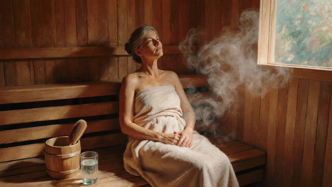 Warm sauna scene with a woman, steam, dry brush, and a glass of coconut water.