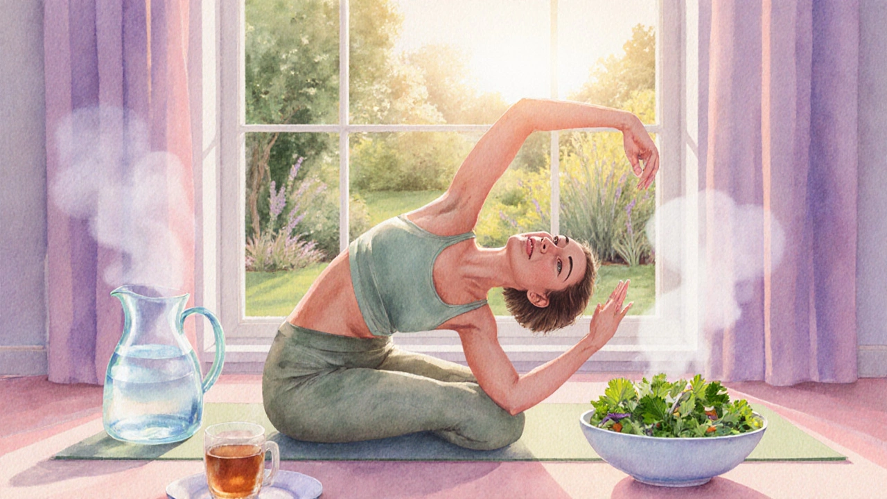 Watercolor of a person doing yoga beside water, salad, and tea in a sunrise garden.