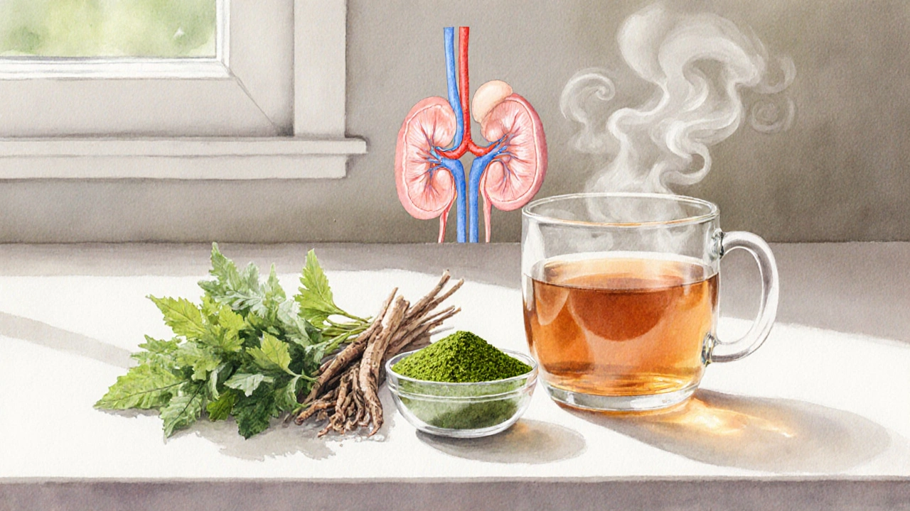 Watercolor of nettle, dandelion root, chlorella, and tea beside a kidney silhouette.