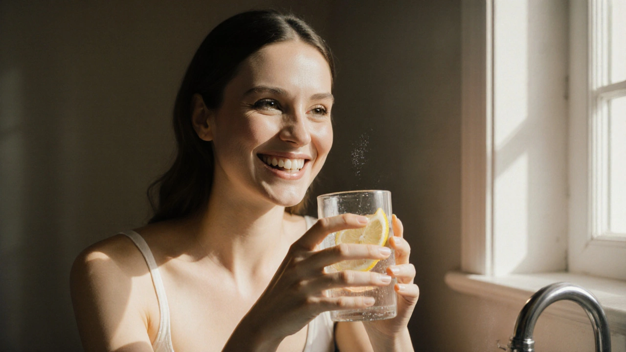 Woman holding lemon water, showing radiant skin and a subtle tooth sparkle.