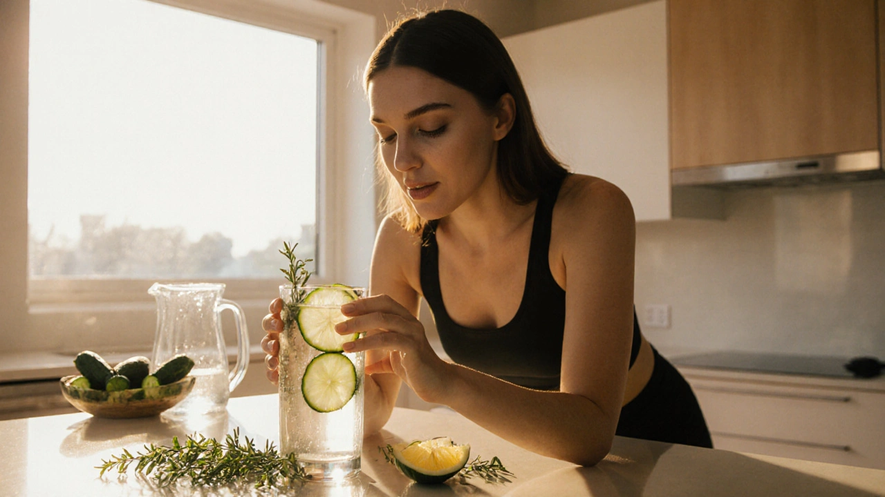 Woman in kitchen drinking cucumber water, skin glowing in sunlight.