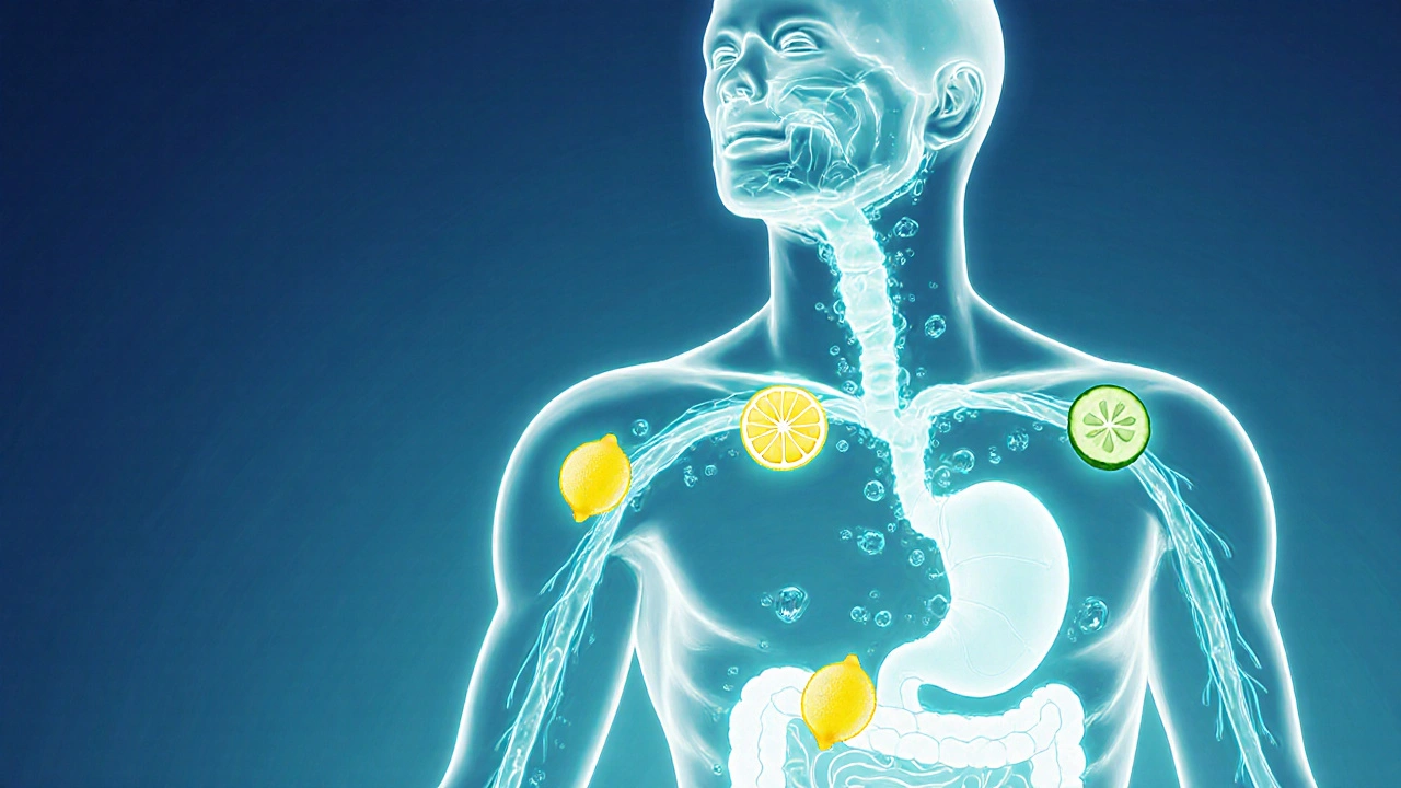 A human silhouette with glowing pathways showing hydration supporting skin, liver, and digestion.