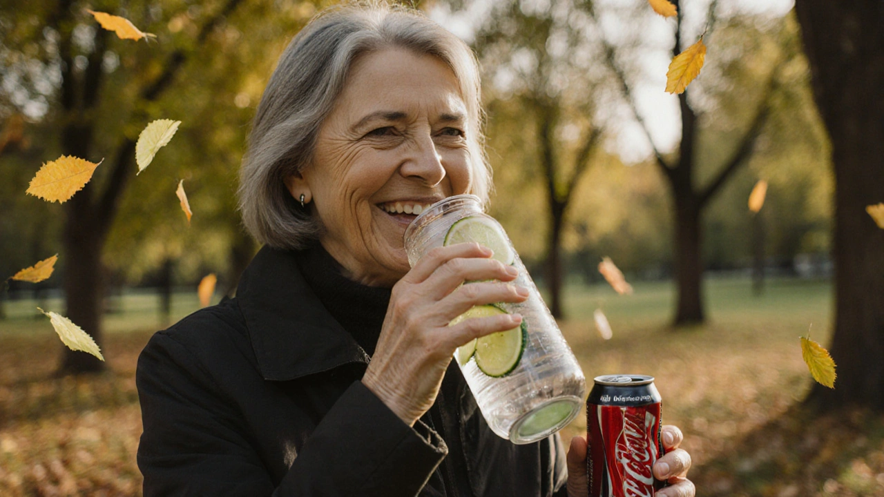 A person smiling while drinking lemon-cucumber water on a park walk, holding a discarded soda can.