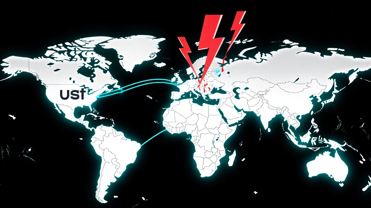 Glowing stablecoin streams flow across a globe, protecting against volatile crypto lightning strikes.