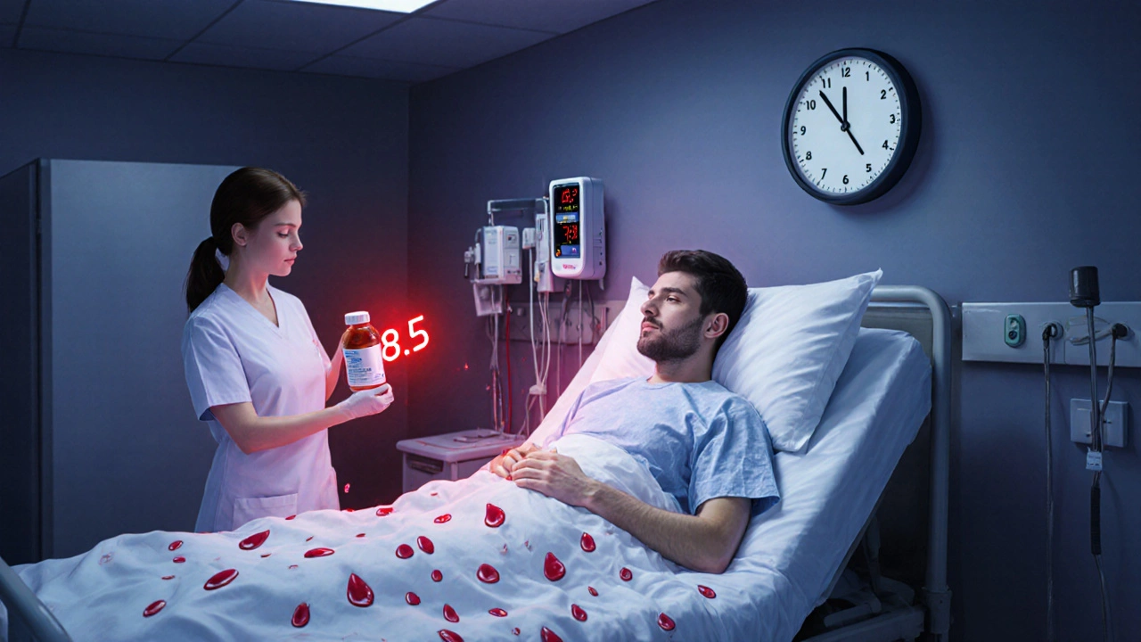 Hospital patient with dangerously high INR levels, red clover tea beside warfarin bottles, medical monitor flashing red.