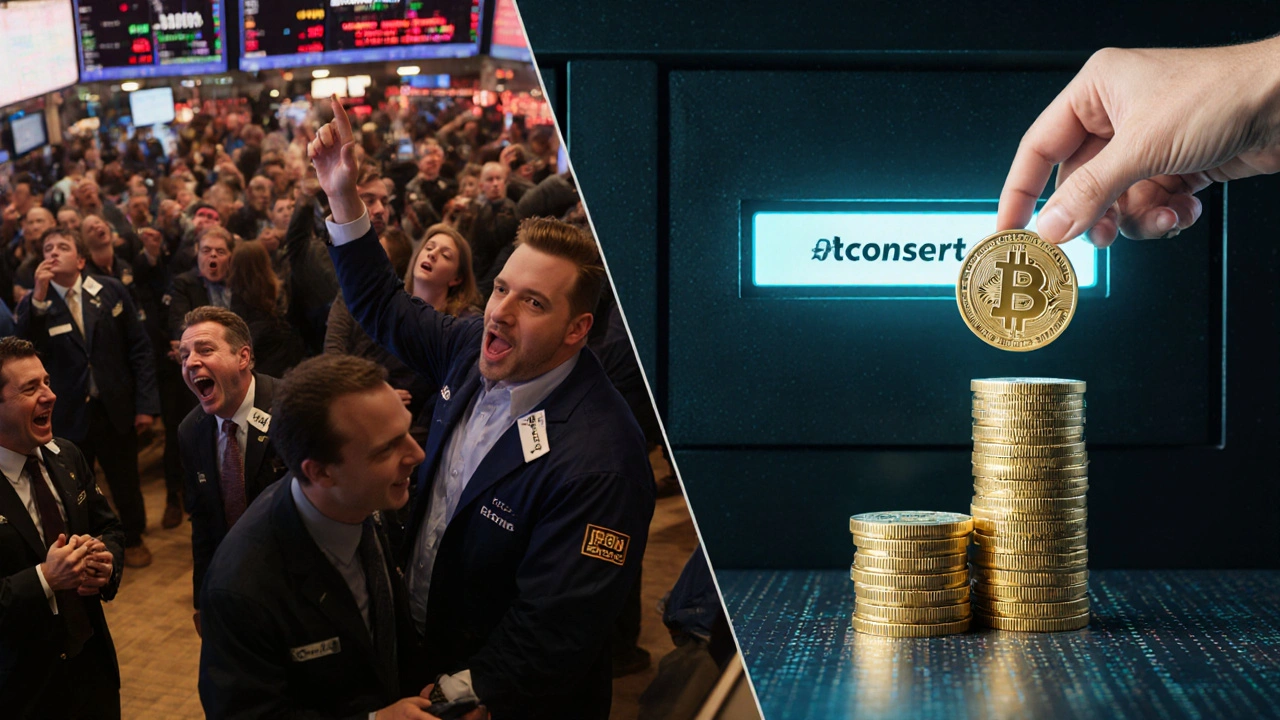 Split scene: chaotic crypto trading floor vs. calm digital vault with stablecoins stacked neatly.