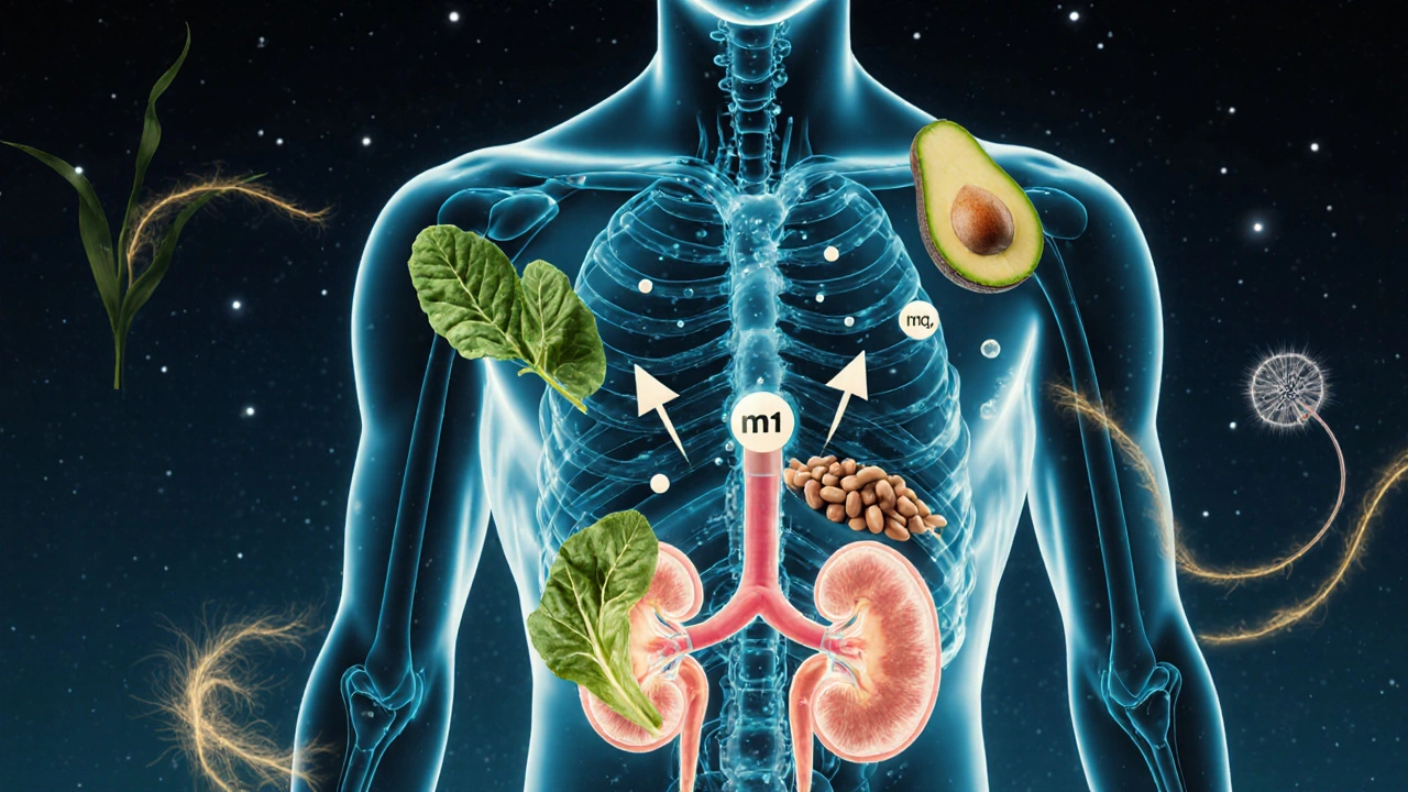 Translucent human silhouette with sodium flowing to kidneys and foods floating nearby