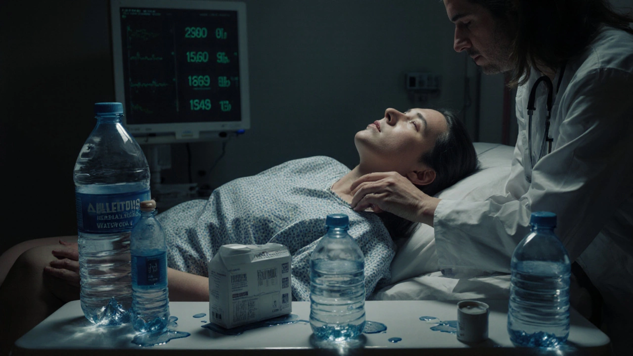 Woman in hospital with empty water bottles, doctor checking her condition after overhydration.