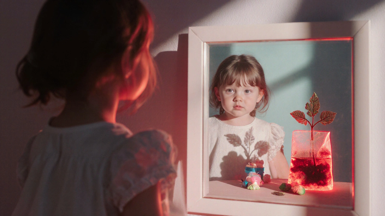 Young girl&#039;s reflection shows early breast development while a red clover plant grows from a tea bag behind her.